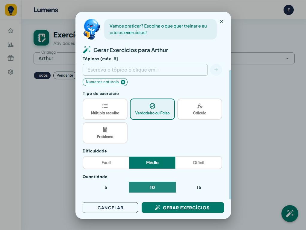 Tela de geração de exercícios do Lumens